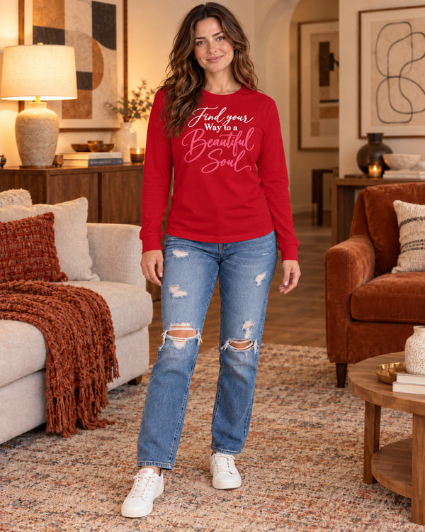 Woman in a Red Find Your Way to a Beautiful Soul long sleeve t-shirt, front view