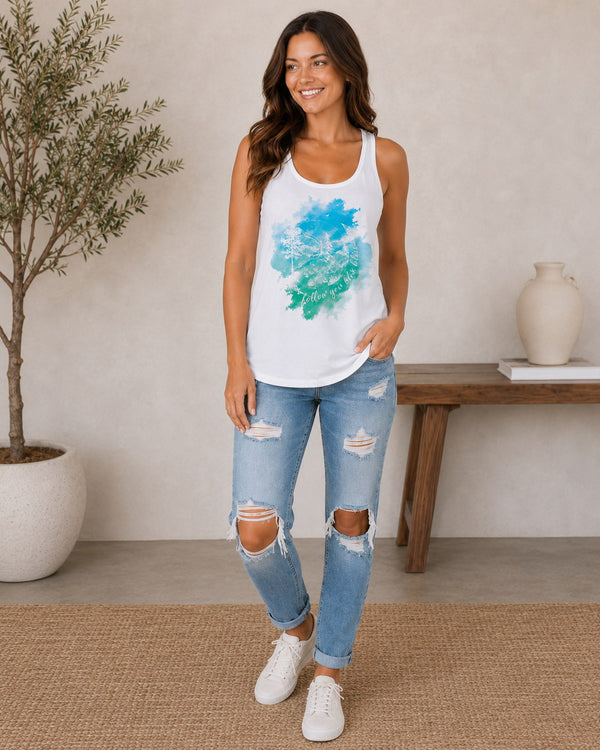 Front view of the Lolly Dagger Follow Your Bliss Adventure Path flowy tank in White.