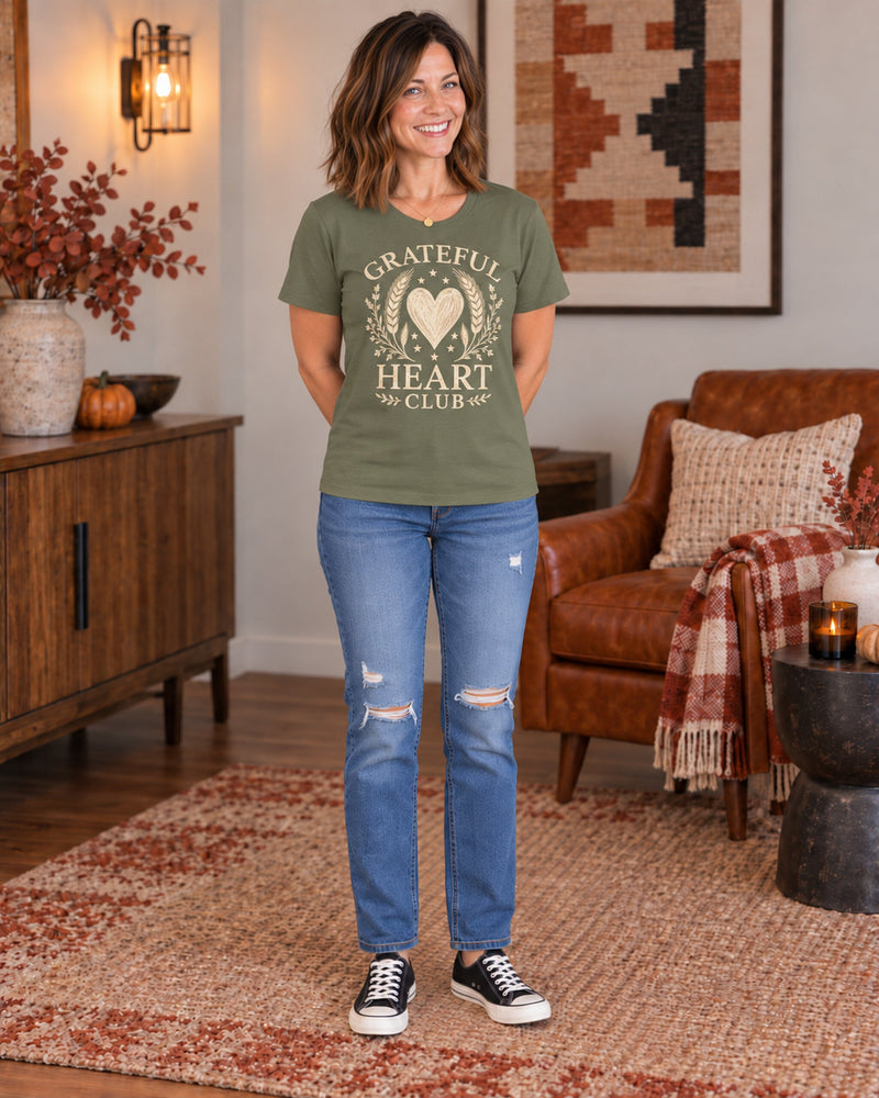 Front view of the Lolly Dagger Grateful Heart Club tee in Green, showing the heart graphic.