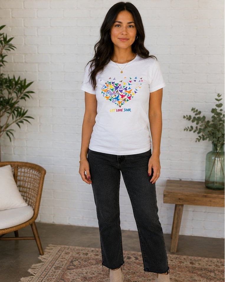 Front view of the Lolly Dagger Let Love Soar tee in White, showing the Multi-Colored Birds graphic.