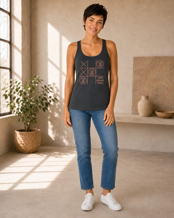 Front view of the Lolly Dagger Love Always Wins racerback tank in Dark Gray, showing the tic-tac-toe graphic.
