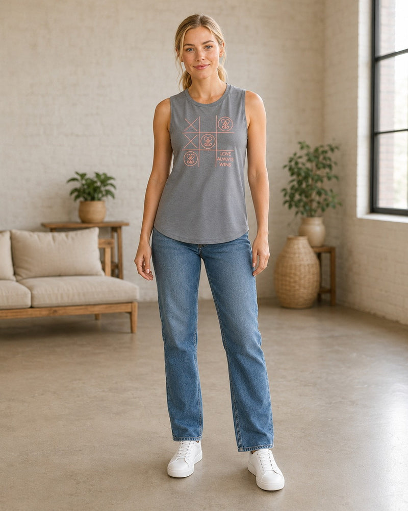 Front view of the Lolly Dagger Love Always Wins fitted tank in Storm Gray, showing the tic-tac-toe graphic.