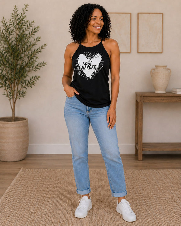 Front view of the Lolly Dagger Love Harder high neck tank in Black, Squiggly Heart design.