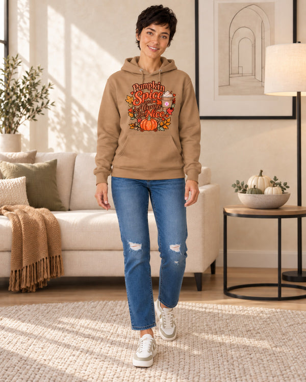 Front view of the Lolly Dagger Pumpkin Spice and Always Be Nice hoodie in Latte.