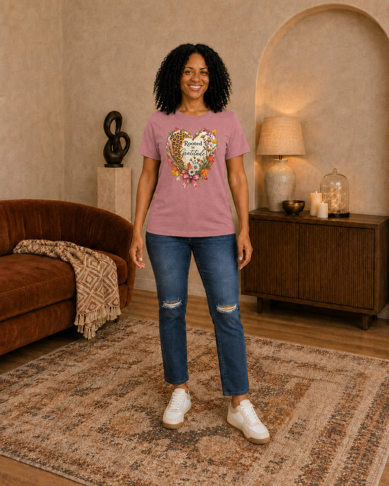Front view of the Lolly Dagger Rooted in Gratitude tee in Heather Mauve.