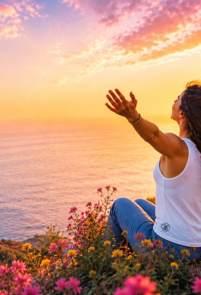 A woman lifts her arms to a sunset sky among wildflowers by the sea, beneath the words The world needs more love, from Lolly Dagger.